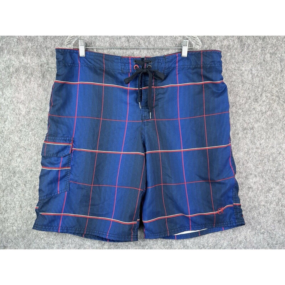 Ocean Pacific Men's Board Shorts Swim Blue Plaid Drawstring Size Large